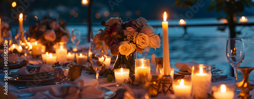Wedding Reception Luxury wedding bridal table Decorated with Silver and a White, Centerpiece of Roses, candles and flowers are set on a table.