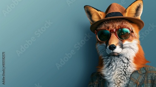 Elegant Fox Wearing Sunglasses and Fedora Suit with Copy Space for Text on Plain Background