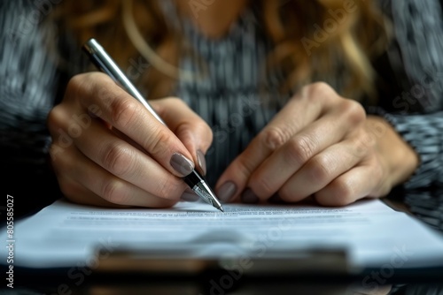 A focused shot on a woman's hands holding a pen, poised to sign a document with care and attention