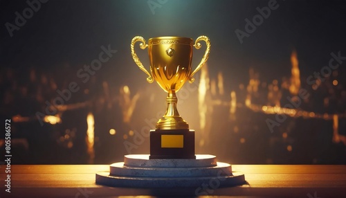 a gold trophy on a podium