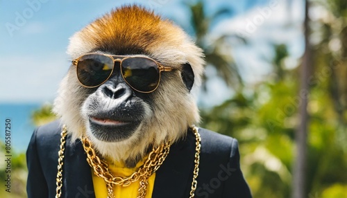 monkey in jacket and sunglasses with golden chains rapper or bandit gangster cool gorilla illustration generative ai