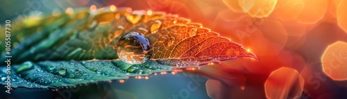 Explore the mesmerizing patterns and textures of a crystal clear dewdrop on a leaf