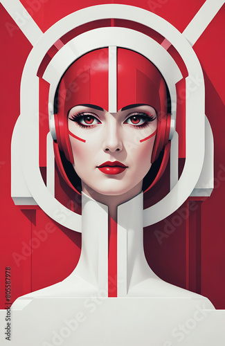 illustrazione con volto di androide femminile elementi geometrici a tema astratto contemporaneo