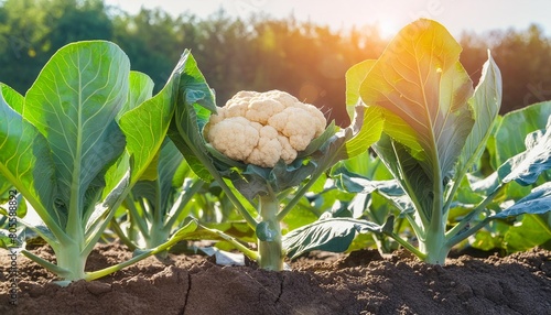 cauliflower grows in organic soil in the garden on the vegetable area generative ai