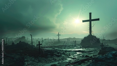 A desolate landscape with a field of crosses and a large, glowing cross