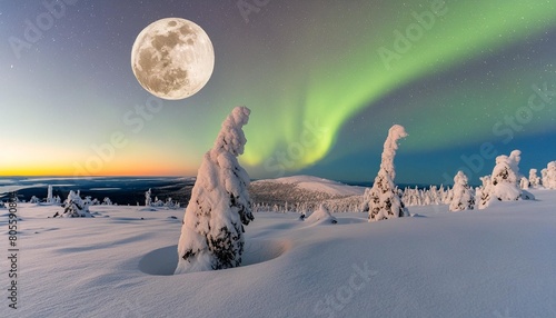 moon and northern lights above pallas fells with fresh snow at winter night in pallas yllastunturi national park in muonio finland