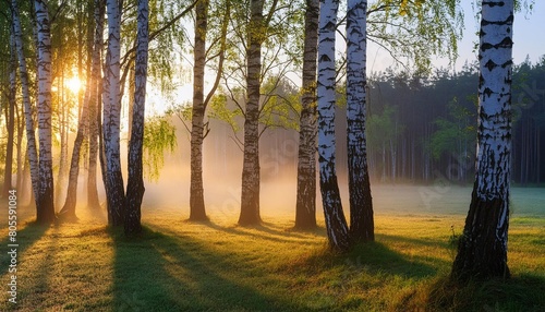 birch grove in the mist illuminated by the rays of the rising sun
