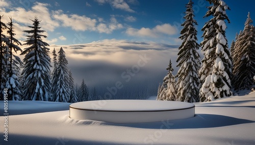 on a wintry day a stark white podium stands against the backdrop of a peaceful sky with a round object in the center surrounded by a blanket of snow creating an enchanting and tranquil