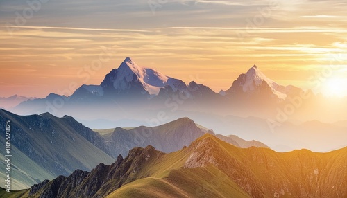 mountain peak view landscape with sunrise soft light flat 2d vector illustration background