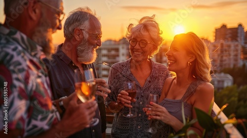 A group of 50 year old friends, dressed casual, enjoy an aperitif, drinking cocktail, during the golden hour from their city balcony at home.