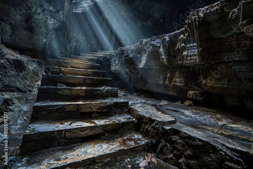 Weathered Stairs in a Dark Cave with Slate Gray Art Gallery, Revealed by Flashlight Beams