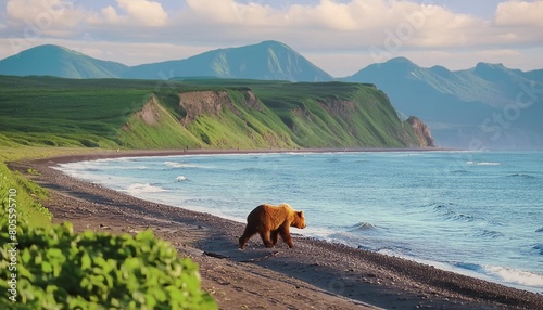 view of a grizzly bear along the coast kamchatka peninsula russia