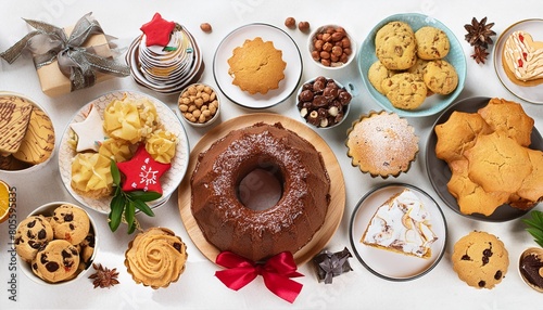 variety of christmas holiday desserts and sweets above view table scene over a transparent background bundt cake chocolate pie mincemeat tarts cookies fudge