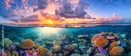 Sunrise illuminates vibrant colors of coral reef, creating a beautiful underwater scene filled with life.