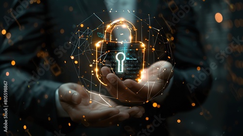 View of Businessman holding Security padlock wheel icon with stats and binary code 3d rendering