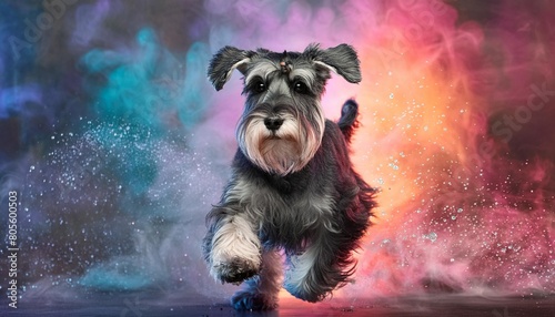 cool looking schnauzer dog running in abstract mixed grunge colors illustration