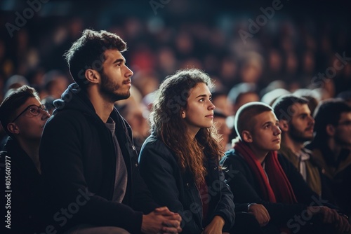 A group of people are sitting in a dark room, watching a performance