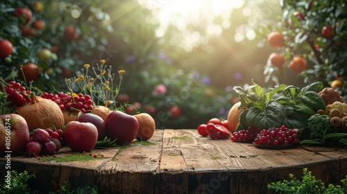 Abundant Fruits and Vegetables on Wooden Table