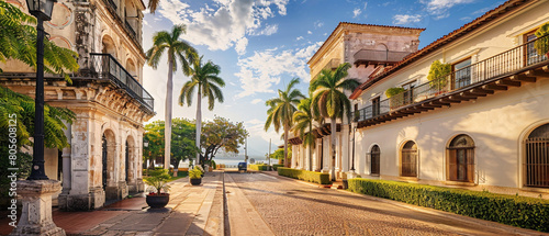 Beautiful sunlit street in the Dominican Republic showcasing traditional Spanish colonial architecture and vibrant greenery.