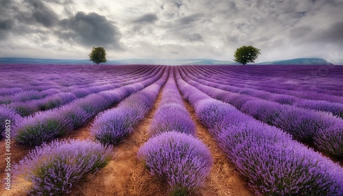 A vibrant lavender field, rows creating a rhythmic pattern, under an overcast sky providing 