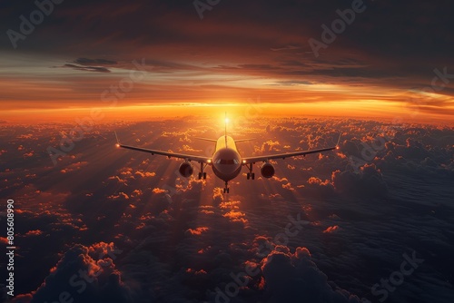 An awe-inspiring image showing a passenger airplane soaring above a cloud-covered landscape at sunset