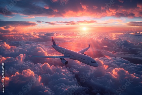 A striking capture of an airborne passenger plane against the backdrop of a vibrant sunset and puffy clouds