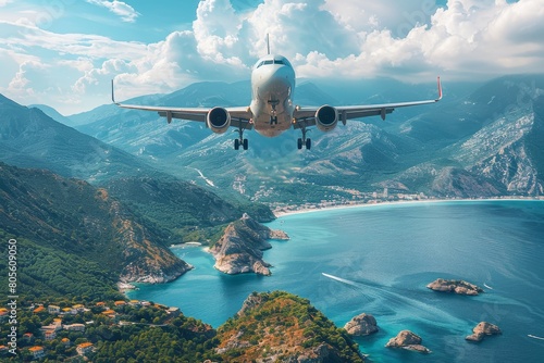 The aircraft descends with a stunning turquoise sea background, featuring lush green hills and a sense of calm tranquility