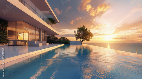 A modern mansion with a beautiful infinity pool and sunset, with sun loungers next to the pool, pool, swimming, luxury, summer, swimming pool, house, architecture, home