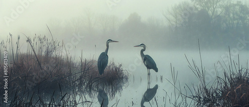 Two majestic blue herons stand gracefully in the mist, looking statuesque in their elegant poses.