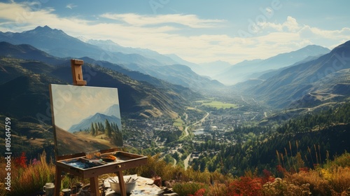 Scenic mountain landscape with painting easel