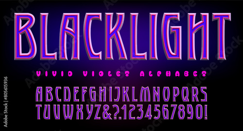 Blacklight is a deco style alphabet in the violet, purple, and magenta color range. Deco style appropriate for 80s and 90s nightclub vibe.