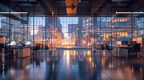 Modern office interior with glass walls and panoramic windows, high-tech design, desks and computers for work, blurred background of an outdoor city street in the evening.