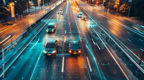 Self driving cars on highway with data and connecting car throughframe, technology concept, digital connections and vehicle to machine control system in city traffic for own driver.