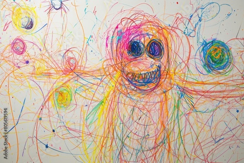 The hand drawing colourful picture of the human that has been drawn by colored pencil, crayon or chalk on the white blank background that seem to be drawn by the child that willing to draw. AIGX01.