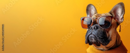 French Bulldog in stylish glasses against a yellow backdrop. dog with eyewear, showcasing intelligence. Concept of pet fashion, smart animals, canine fashion. Banner. Space for text