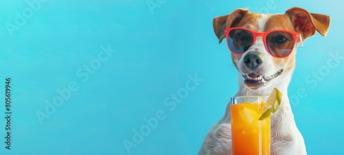 Jack Russell Terrier with a cocktail. Blue background. Vacation vibe with a dog enjoying a soft drink. Concept of summer relaxation, pet holidays, and tropical leisure. Banner. Copy space