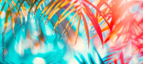 Bright summer tropical background with colorful palm leaves and bokeh effect. Trendy botanical wallpaper with soft colors. Festive mood. Summer vibes. Wide banner. Copy space. Mockup for design