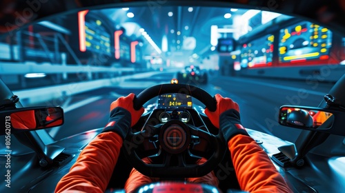 Professional racing car driver driving surrounded with panel while holding car steering wheel with blurring background. Hand on the wheel and driving high speed. First person point of view. AIG42.