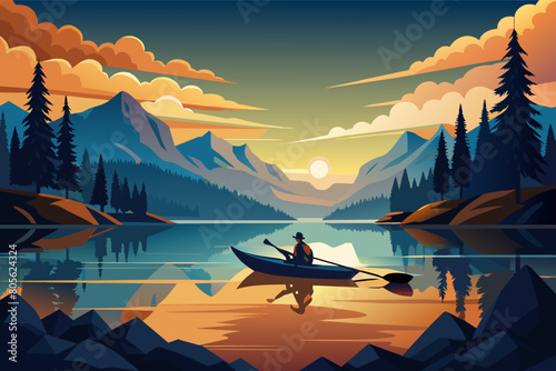 Illustration of a person rowing a canoe on a calm lake at sunset, surrounded by mountains and pine trees under a colorful sky.