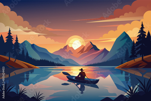 Illustration of a person rowing a canoe on a calm lake at sunset, surrounded by mountains and pine trees under a colorful sky.