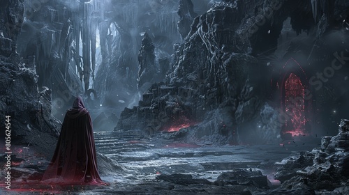 Cloaked figure approaching a glowing red portal in a dark icy cave. Digital artwork. Dark fantasy and mysterious adventure concept.