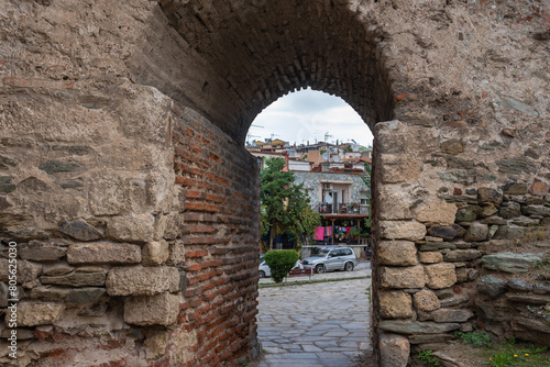 Side gate of Walls of Thessaloniki, remains of Byzantine walls surrounding city of Thessaloniki during the Middle Ages, Greece