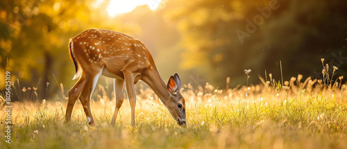Beautiful whitetail deer gracefully grazing in a sunlit meadow, surrounded by nature's elegance and tranquility.
