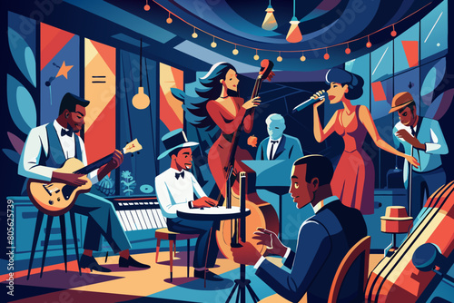 Vibrant illustration of a jazz club scene with musicians playing a piano, guitar, and double bass, and a woman singing, all surrounded by colorful lighting and urban skyline visible through windows.