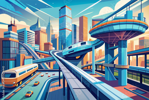 Vibrant illustration of a futuristic cityscape with an elevated train gliding along curving tracks, surrounded by tall, stylized skyscrapers, a circular building, and busy roads with cars