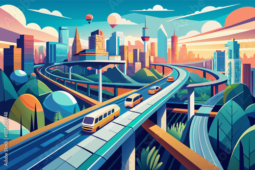 Colorful illustration of a futuristic city with a monorail train running through an elevated track, surrounded by skyscrapers, green parks, and a clear sky.