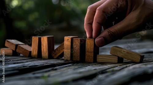 domino effect from a hand with dark wood background