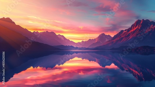 Majestic mountain range silhouetted against a vibrant sunset sky, reflecting in a tranquil lake below