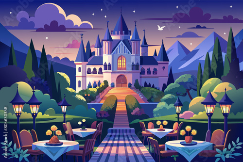 Illustration of a grand castle at night with a manicured garden, fountains, outdoor seating, and decorative trees under a starry sky with a full moon.