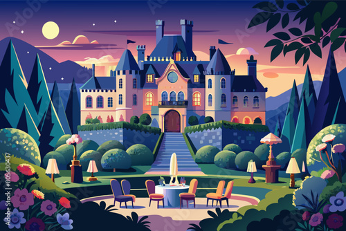 Illustration of a grand castle at night with a manicured garden, fountains, outdoor seating, and decorative trees under a starry sky with a full moon.